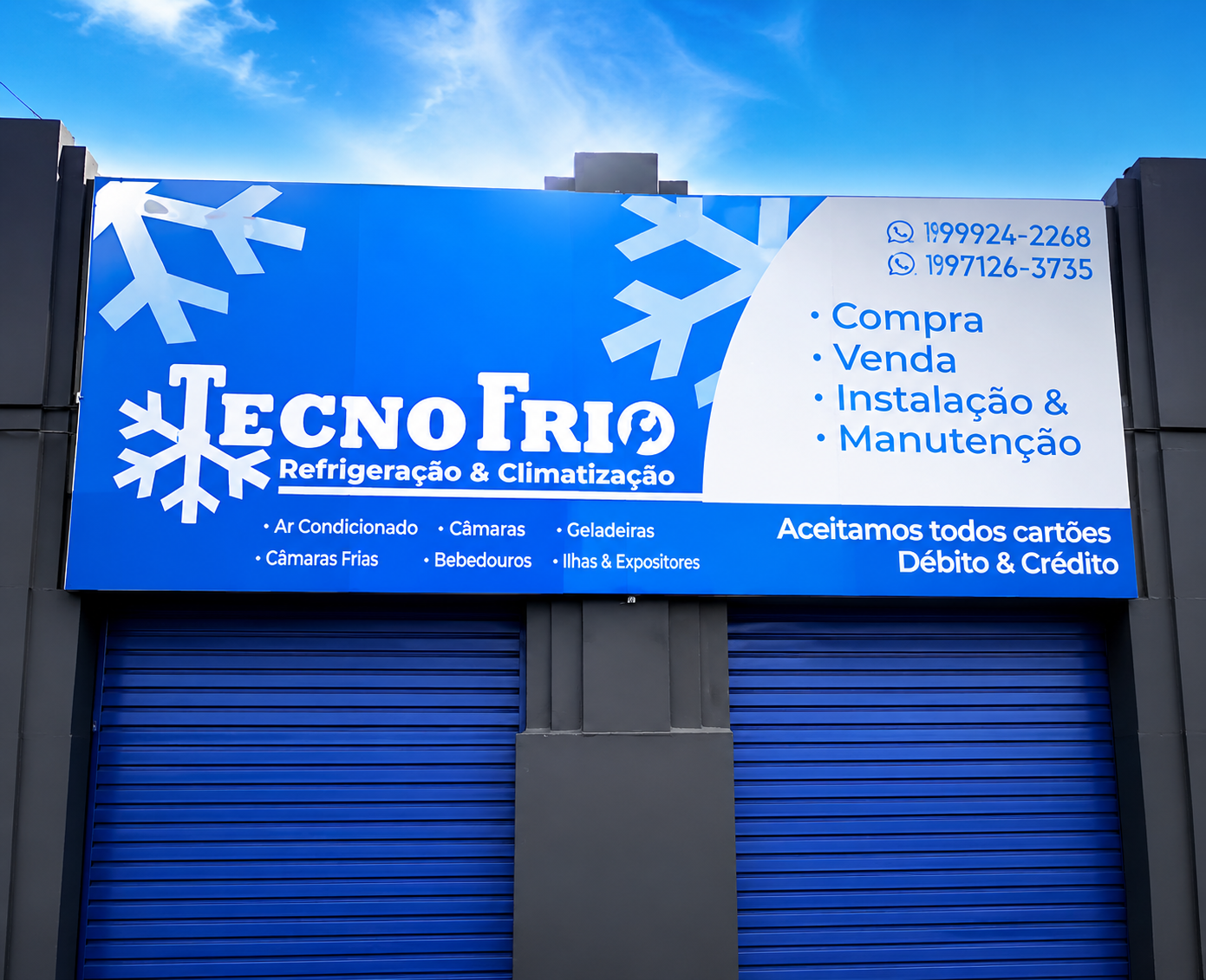 Letreiro da Tecno Frio — refrigeração e climatização, com serviços de ar condicionado, câmaras frias e contacto na fachada